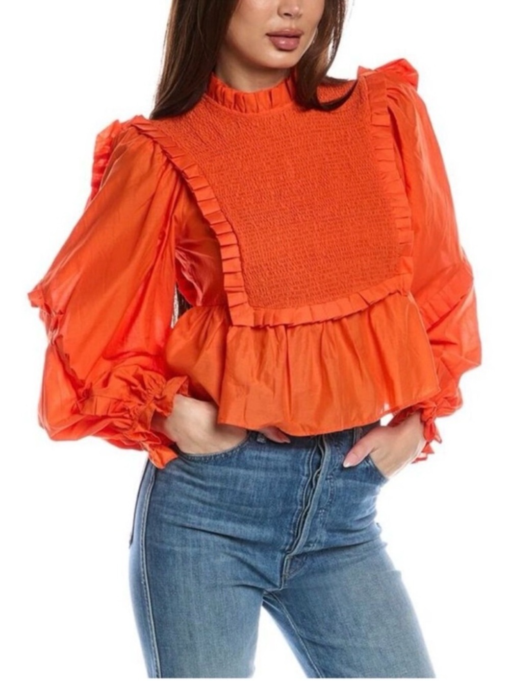 Orange Ruffled Smocked Peasant Top - Women